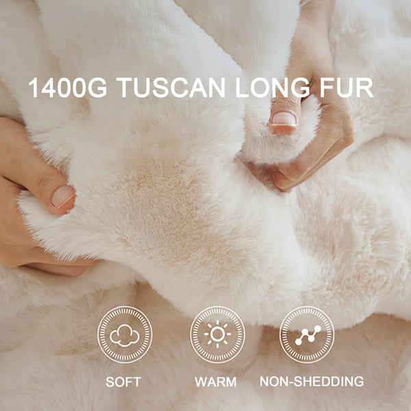 Faux Rabbit Fur Throw Blanket, Luxury Soft Warm Bubble Blanket for Bed, Couch, Sofa, Beige, 152 X 203 CM