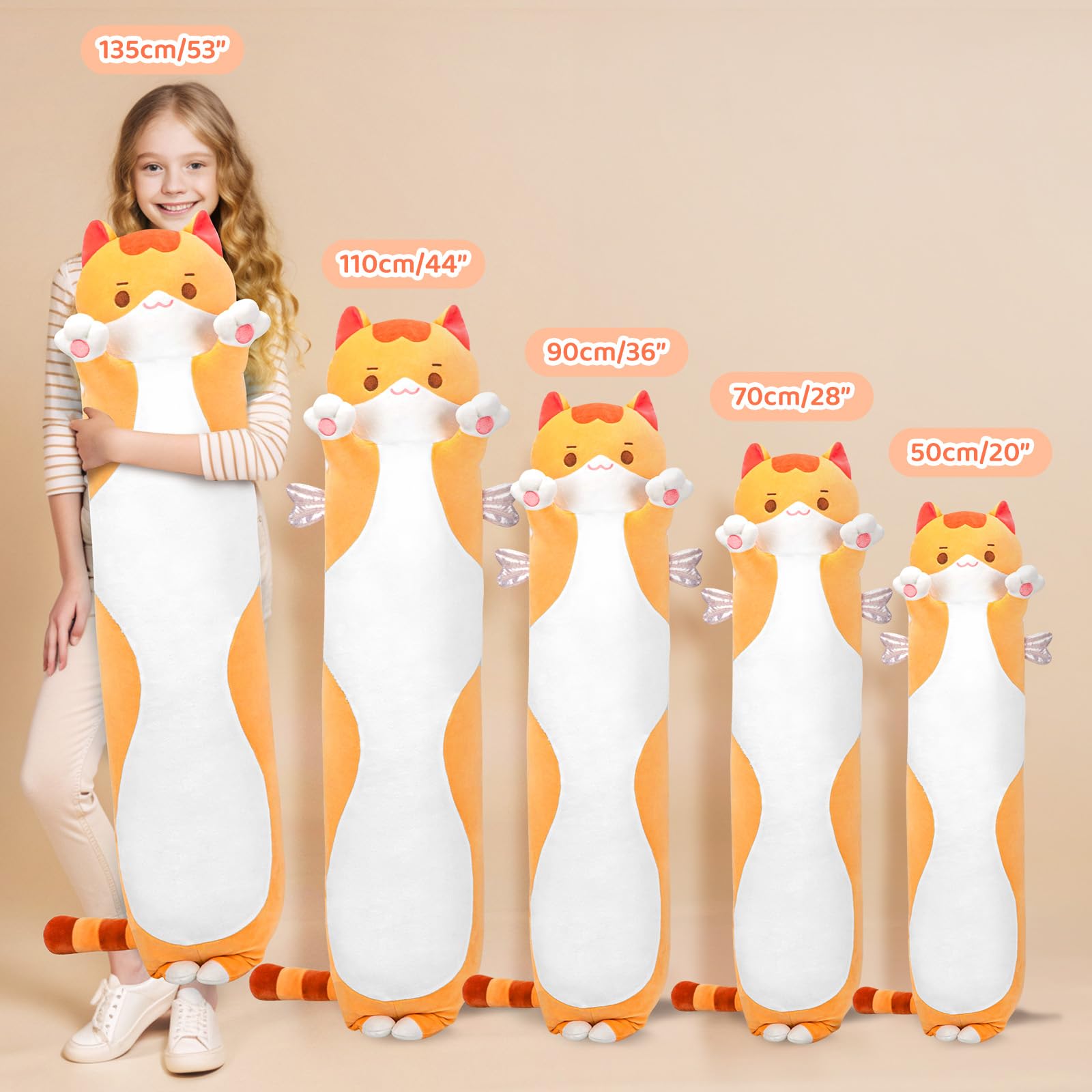 Mewaii 36in Long Cat Plush Pillows Stuffed Animals Squishy Pillows - Plushie Cute Kitty Sleeping Hugging Plush Pillow Soft Toys for Kids(Orange)