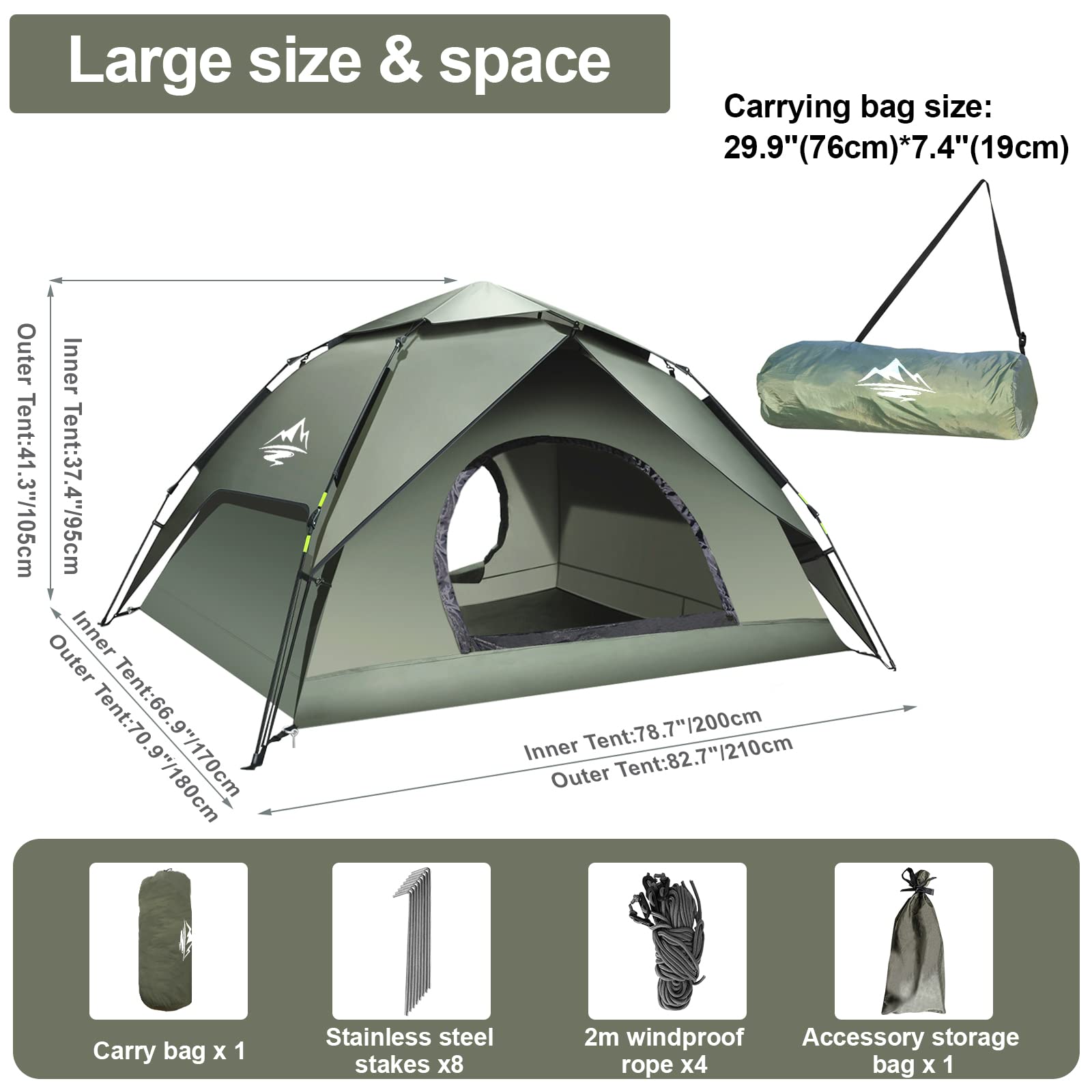 Mimajor Camping Tent Pop Up - Automatic Pop-Up 2-3 Man Tent Instant Tents Waterproof & Windproof Dome Tents, 2 in 1 Double Layers Easy Setup for Camping Hiking Backpacking Traveling