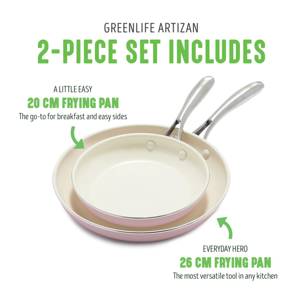 GreenLife Artizan Healthy Ceramic Non-Stick 20 cm and 26 cm Frying Pan Skillet Set, Stainless Steel Handle, PFAS-Free, Induction, Oven Safe, Pink