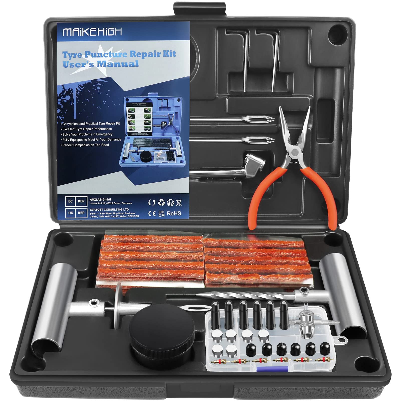 MAIKEHIGH Heavy Duty Tyre Puncture Repair Kit, 69Pcs Tubeless Car Tyre Plug Set for Auto, ATV, Truck, Tractor, Motorcycle, Off-Road (Blue)