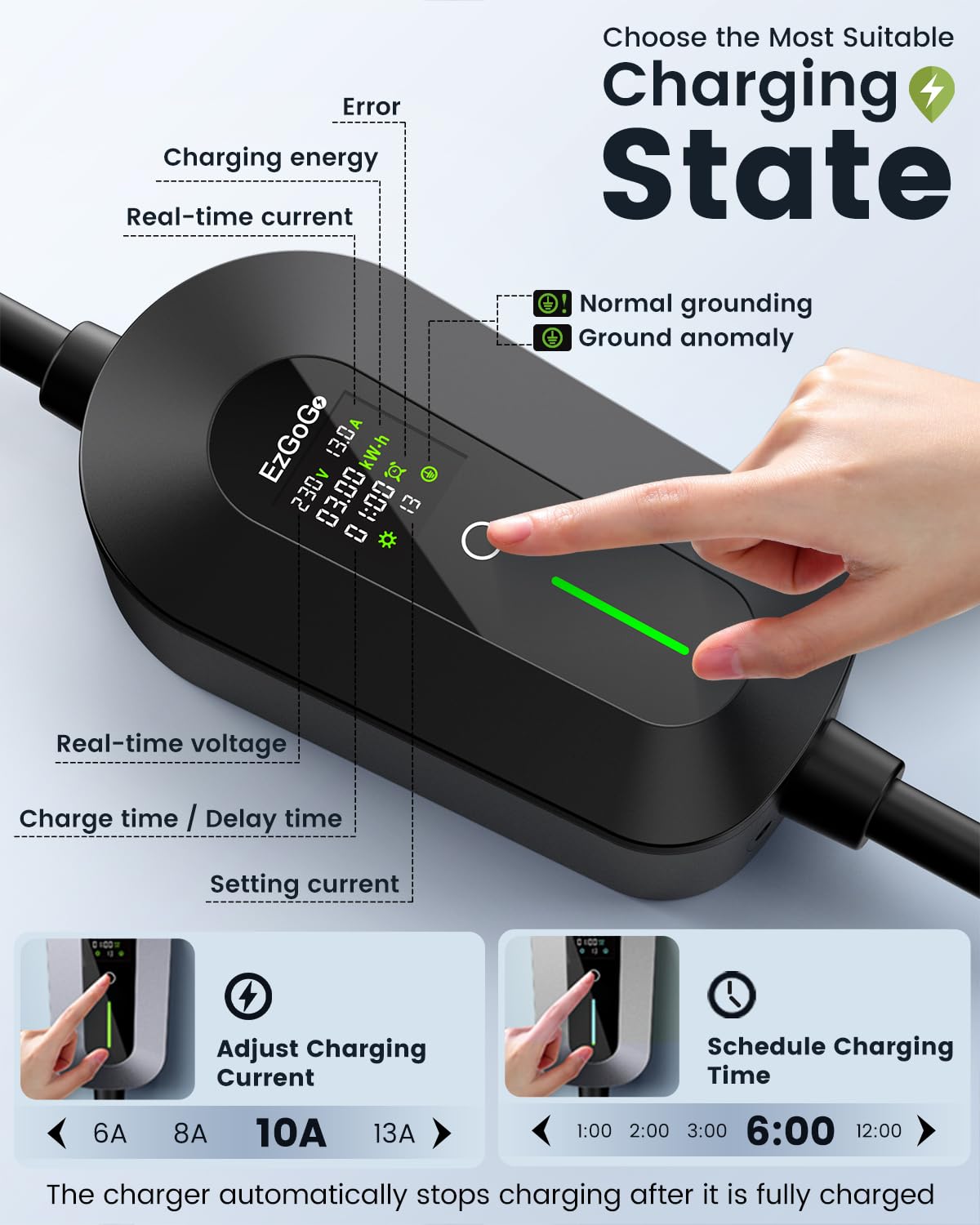 EV Charger Cable Type 2 to 3 Pin Plug 20Ft/6.1M Electric Car Charger 3kW, [6/8/10/13A] Type 2 Charging Cable 3 Pin EV Charger IP65 Advanced Protection Suitable for EVs & PHEVs