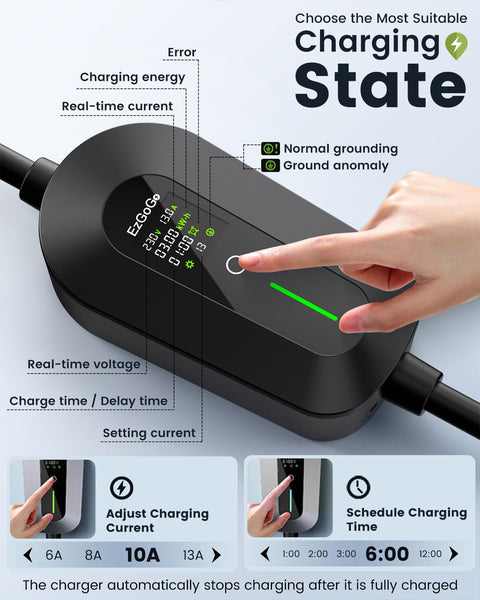 EV Charger Cable Type 2 to 3 Pin Plug 20Ft/6.1M Electric Car Charger 3kW, [6/8/10/13A] Type 2 Charging Cable 3 Pin EV Charger IP65 Advanced Protection Suitable for EVs & PHEVs