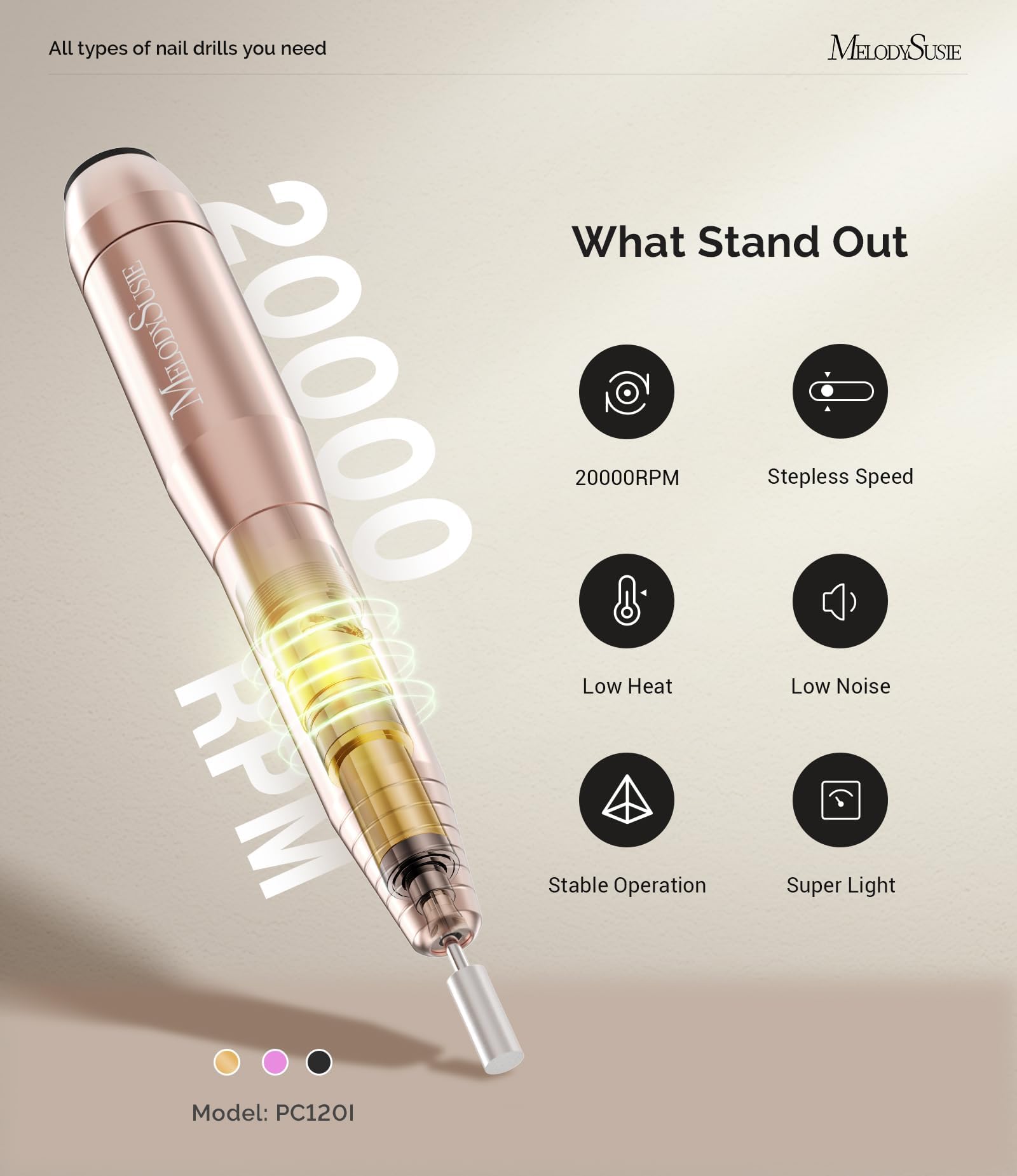 MELODYSUSIE Sheen Electric Nail Files 20000RPM for Beginners, Professional Compact Nail Drill Machine Set for Acrylics Nails, Efile with Nail Clippers Manicure and Pedicure Set, with UK Plug, Gold