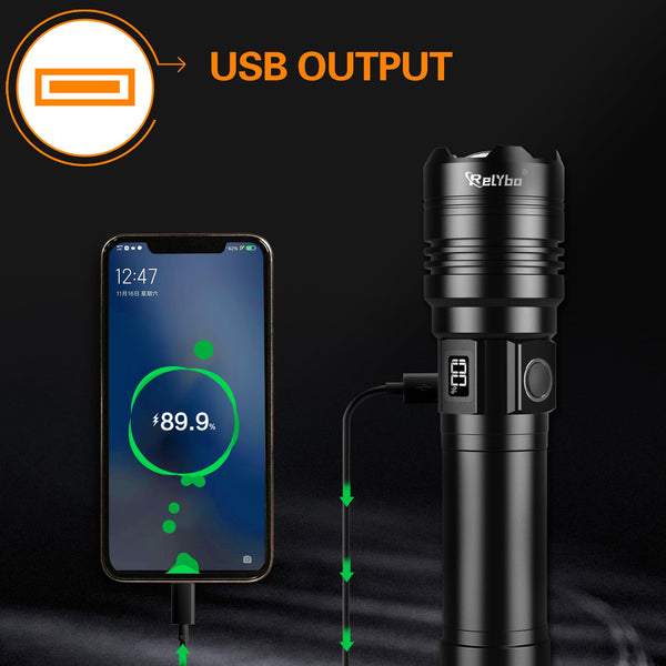 Relybo Torches LED Super Bright Rechargeable, Flashlight 500000 Lumens XHQ99 Torches Battery Powered, Tactical LED Torch Rechargeable, Powerful Torch Flash Light for Dog Walking Camping Emergency Gift