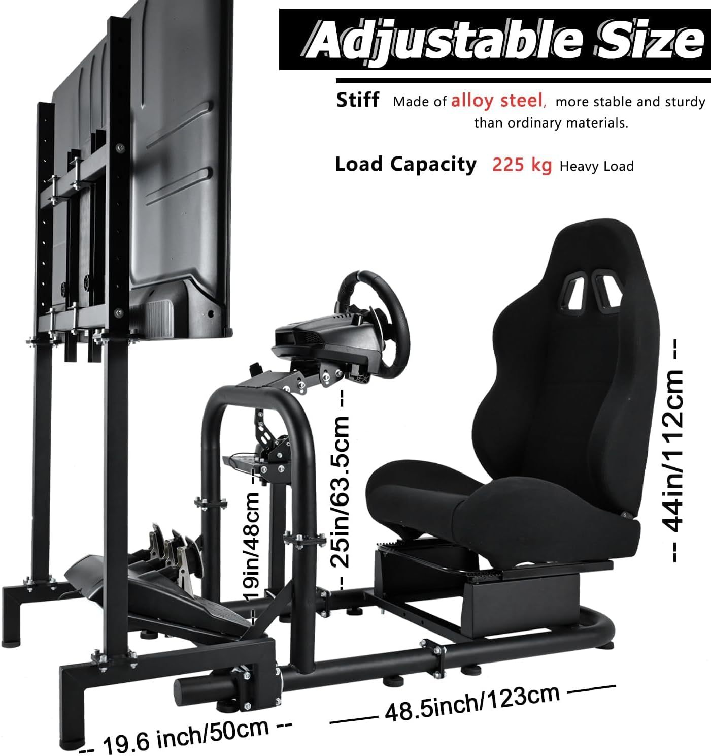 Minneer Pro Adjustable Racing Sim Cockpit With Black Seat, Monitor Fit for Logitech I Thrustmaster I Fanatec G25,G27,G29,G920,G923,T300RS,TX,T300rs Steering Wheel Stand Without Wheels and Pedals