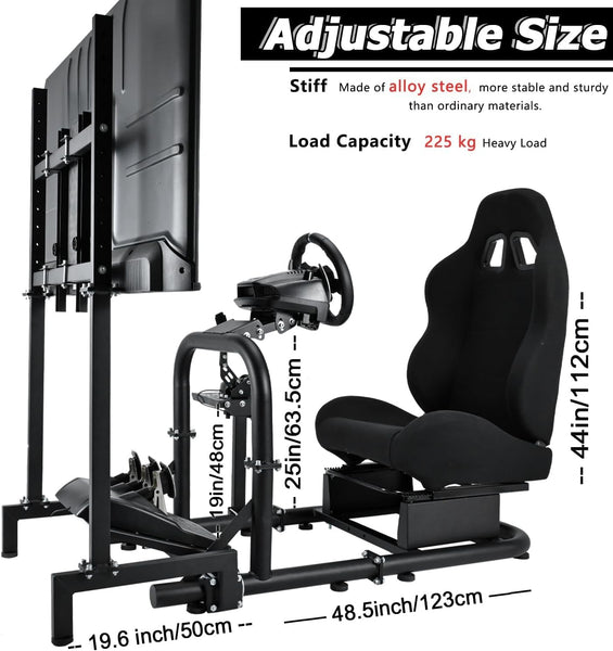 Minneer Pro Adjustable Racing Sim Cockpit With Black Seat, Monitor Fit for Logitech I Thrustmaster I Fanatec G25,G27,G29,G920,G923,T300RS,TX,T300rs Steering Wheel Stand Without Wheels and Pedals