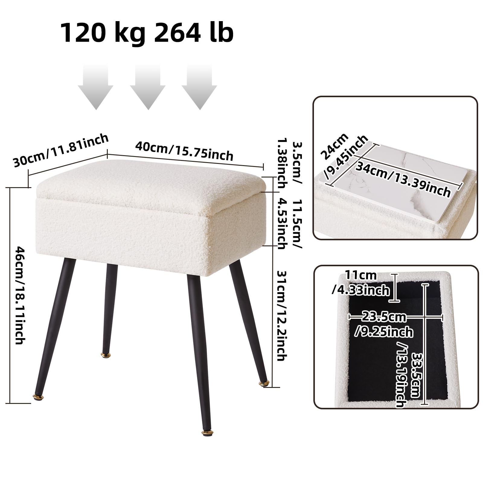 Aibiju Faux Teddy Fur Dressing Table Stool, Rectangular Vanity Stool with Storage, Dressing Table Seat Small Side Table for Makeup Room, Bedroom,