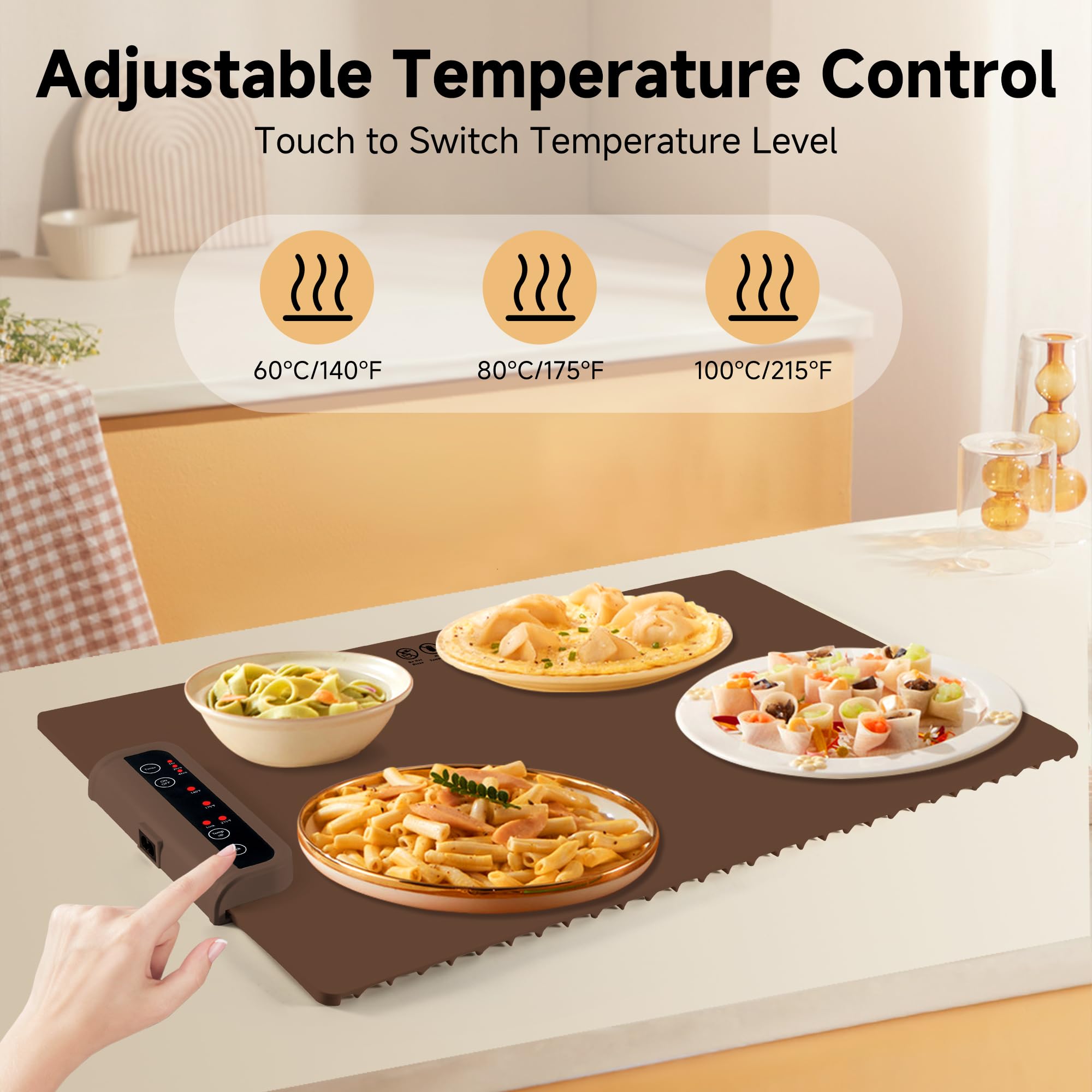 Food Warming Mat-Foldable Electric Warming Mat for Food Sillicon Food Warmer with Adjustable Temperature Control Time Moders Locking Function Warming
