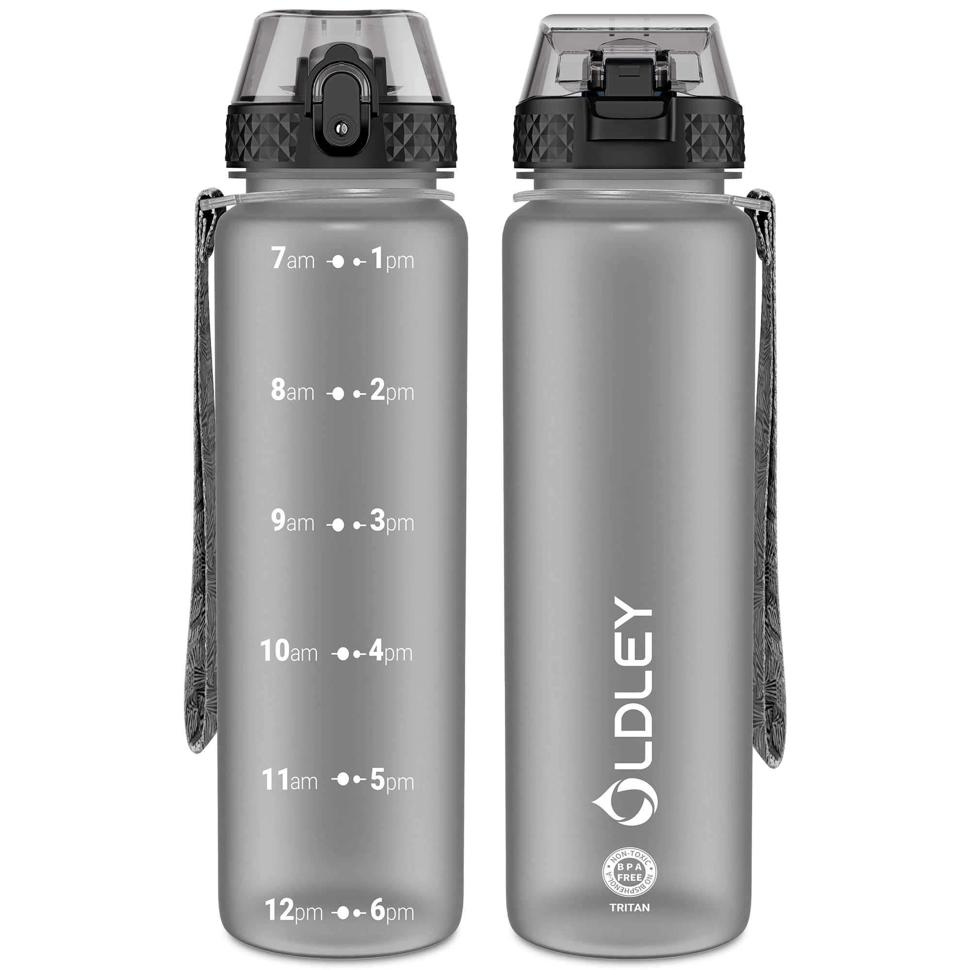 OLDLEY 1L/32oz Sports Water Bottle, 1000ml Motivational Drinks Bottle with Time Markings Leak Proof Drink & Lock Cover & No Straw, BPA Free for Adults Women Men Gym School Cycling Running Hiking