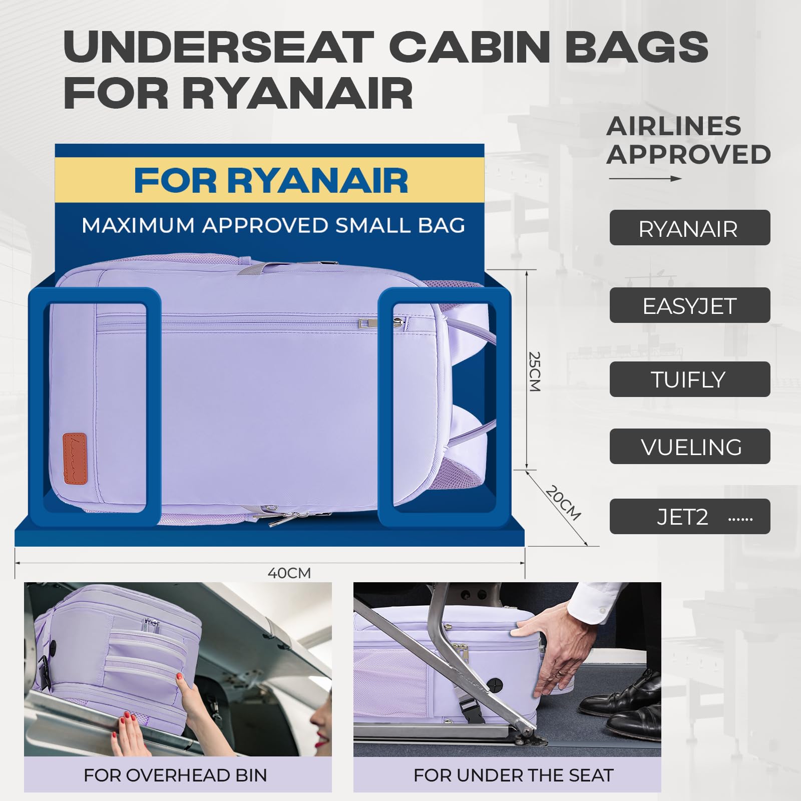 VMIKIV for Ryanair Cabin Bags 40x20x25 Underseat Carry On Bag,Small Travel Backpack Cabin Size for Men Women,Hand Luggage for Overnight, Weekend,Under Seat Casual Daypack for Airlines