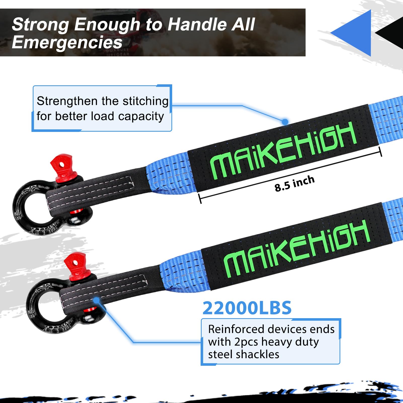 MAIKEHIGH Towing Rope 15 Ton (33,700 Lbs), 6M x 7.6cm Off-Road Recovery Tow Strap with 2 Gloves for Car, Truck, SUV, Snow (Green)