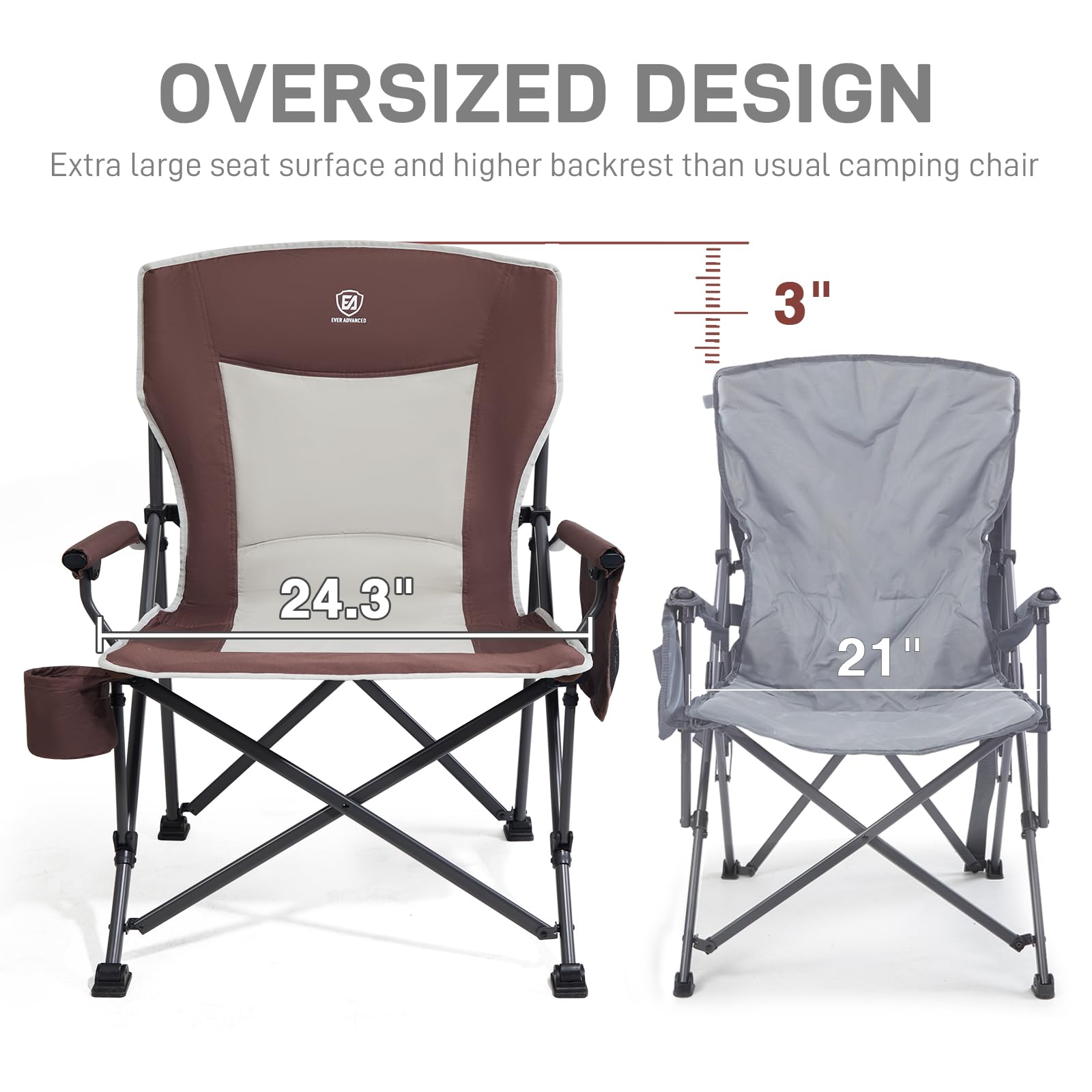 EVER ADVANCED Camping Chair for Adults Oversized 230KG, Folding Chair for Heavy People with Side Pocket, Heavy Duty Extra Wide with Hard Armrest Foldable Garden Fishing Outdoor Fold up