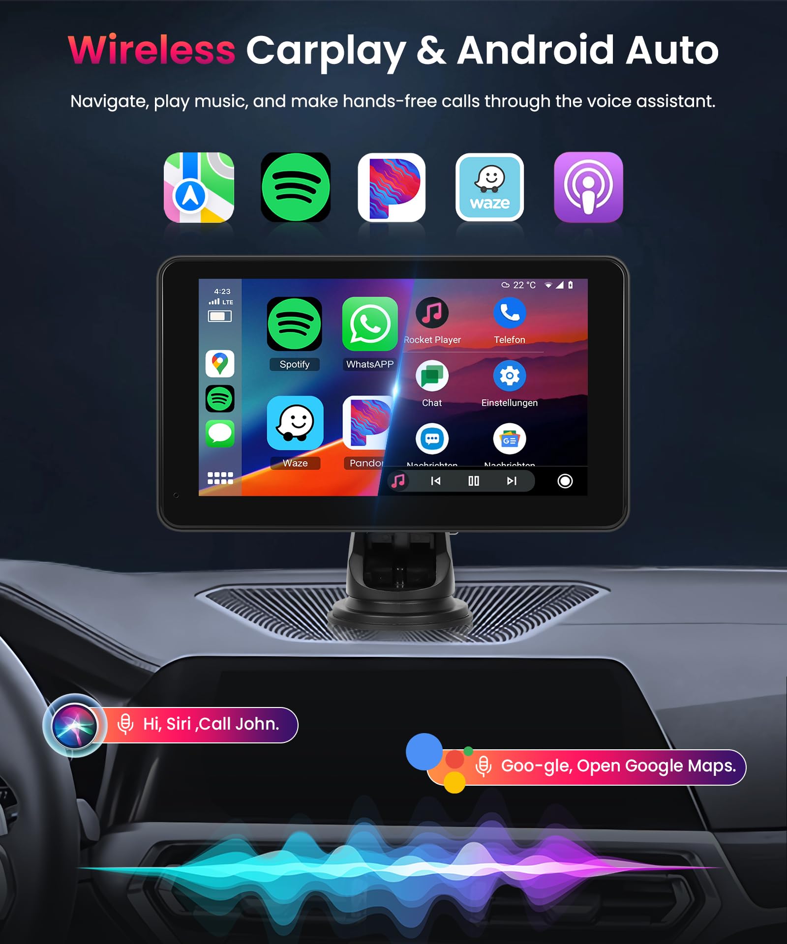 Wireless Carplay Android Auto Screen Portable Car Stereo, Hodozzy 7 Inch HD IPS Touch Screen Car Radio with OTA SuperLink/Mirror Link/Bluetooth/Voice Control/AUX/FM Transmitter+HD Backup Camera