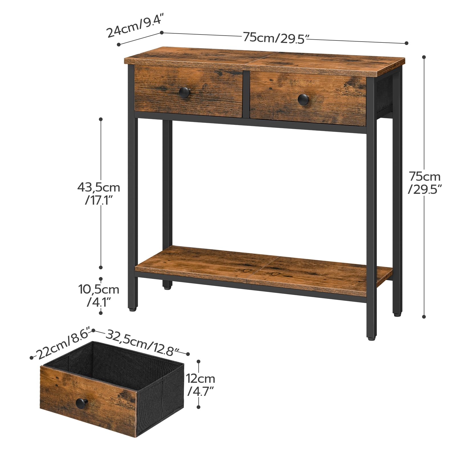 HOOBRO Slim Console Table, Narrow Console Table with 2 Non-woven Drawers, Hallway Table with Storage, Small Side Table for Small Spaces, Living Room,