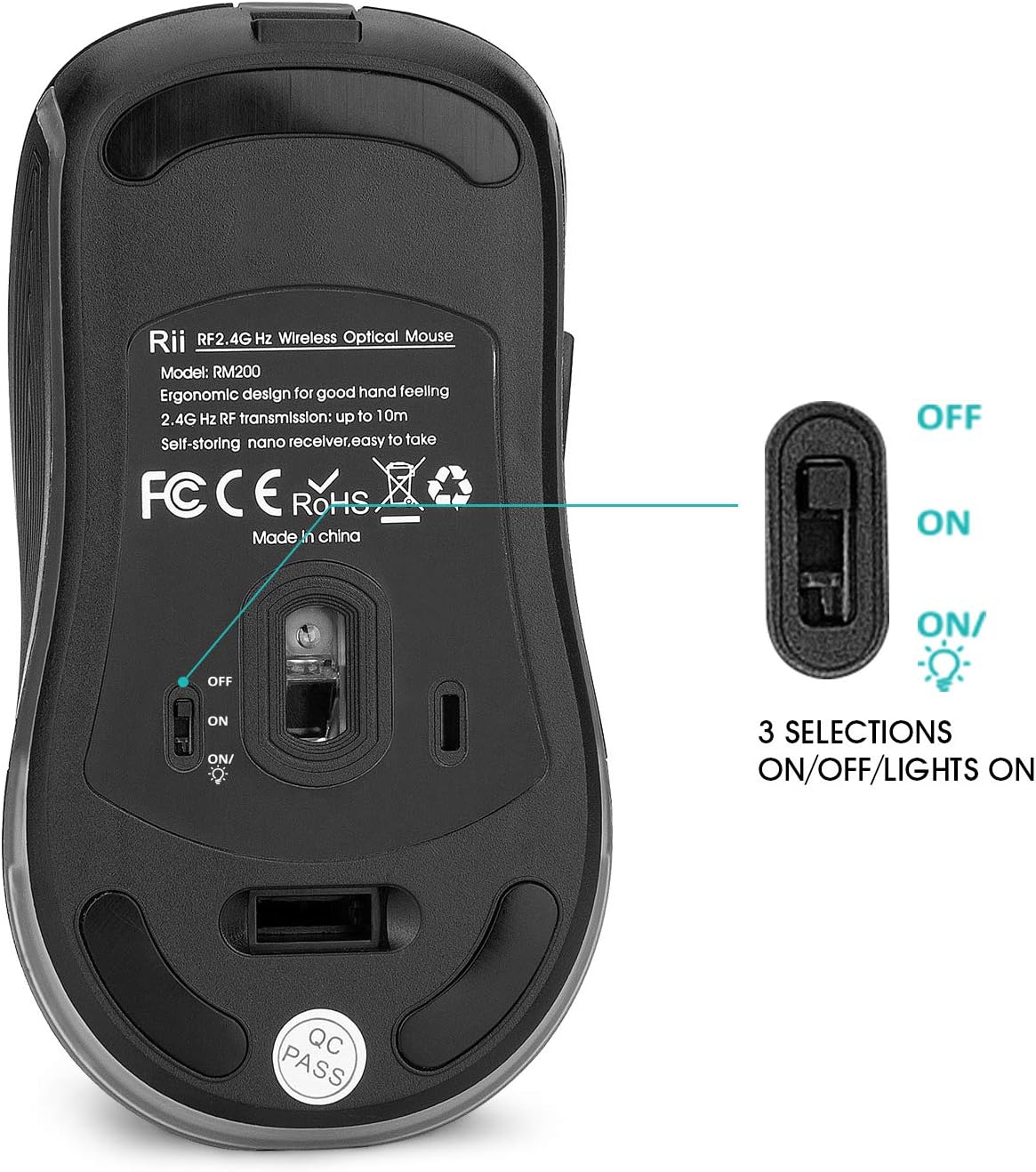 Rii RM200 Wireless Mouse,Rechargeable Gaming Mouse with USB Nano Receiver,5 Buttons for Casual Gaming, Notebook,PC,Computer Office Home Work