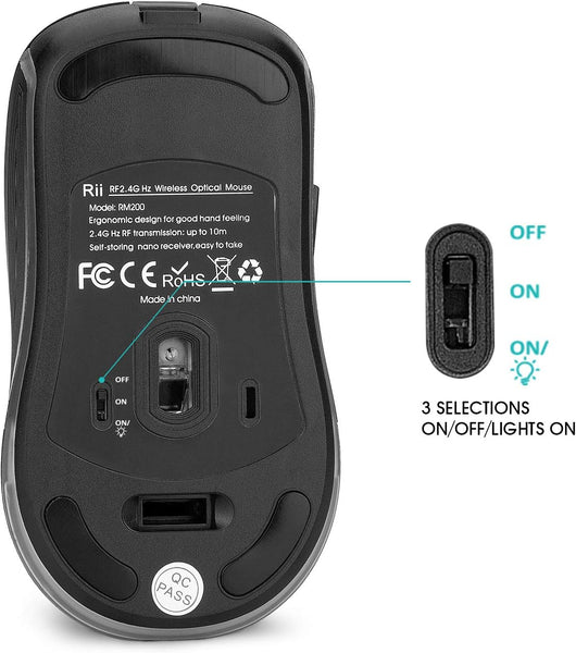 Rii RM200 Wireless Mouse,Rechargeable Gaming Mouse with USB Nano Receiver,5 Buttons for Casual Gaming, Notebook,PC,Computer Office Home Work