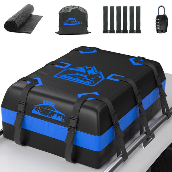 BOYUJK Car Roof Bag - 20 Cubic/566L, Waterproof, No Rack Needed, Anti-Slip Mat & 6 Heavy-Duty Straps, Folding Soft Roof Box (Blue, 566L)