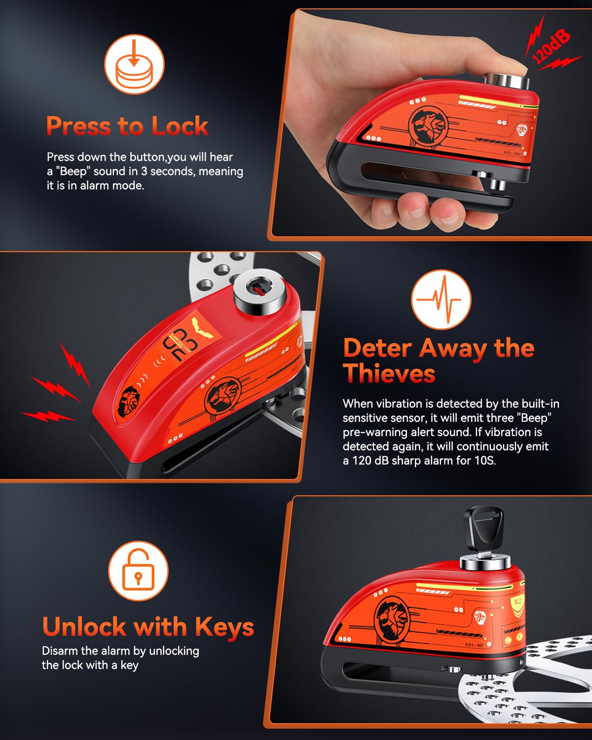 ZEXMTE Motorbike Disc Lock with Alarm, Rechargeable 120dB Anti-Theft Alarm with 5.9 FT Reminder Cable, Heavy-duty Motorcycles Locks Waterproof Disc Lock for Motorcycle, Bike, Scooter, E-Bike