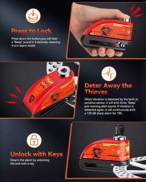 ZEXMTE Motorbike Disc Lock with Alarm, Rechargeable 120dB Anti-Theft Alarm with 5.9 FT Reminder Cable, Heavy-duty Motorcycles Locks Waterproof Disc Lock for Motorcycle, Bike, Scooter, E-Bike