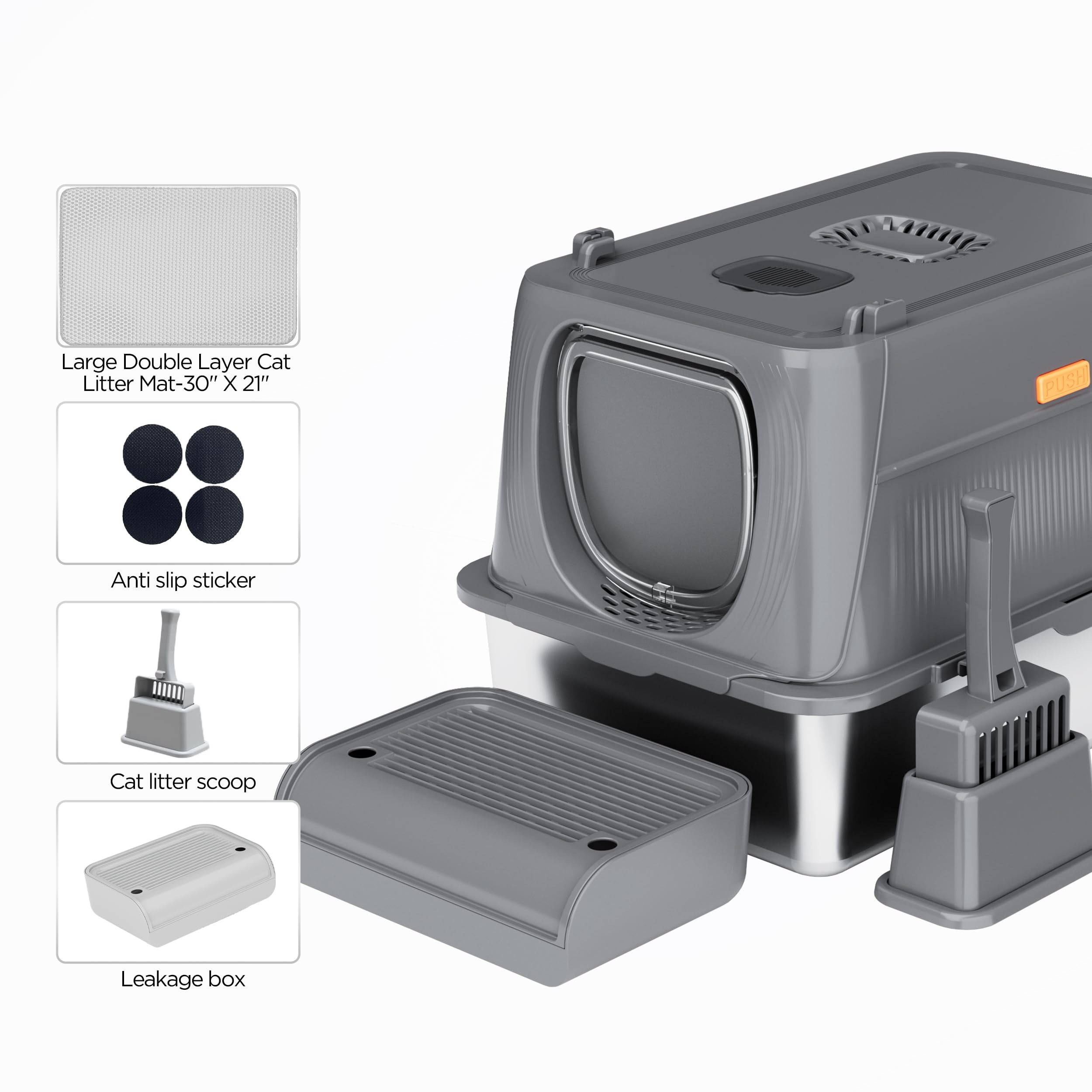 Citylife XL Stainless Steel Cat Litter Box with Lid, Extra Large Enclosed Removable Metal Litter Tray with Litter Scoop&Double Layer Litter Mat, Non-Sticky, Non-Odor, Easy Cleaning, for Big Cats