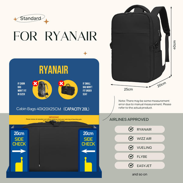 ZHXX for Ryanair Cabin Bags 40x20x25, Hand Luggage Bag, Carry-Ons, Underseat Cabin Bag, Fits 14-Inch Laptop with Anti-Theft Pocket