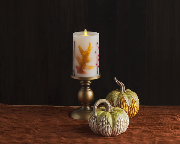 Luminara Embedded Flameless LED Candle - Orange Leaf 3.5" x 6.5" - Moving Flame Pillar, Battery Operated Timer, Real Wax, Unscented, Safe