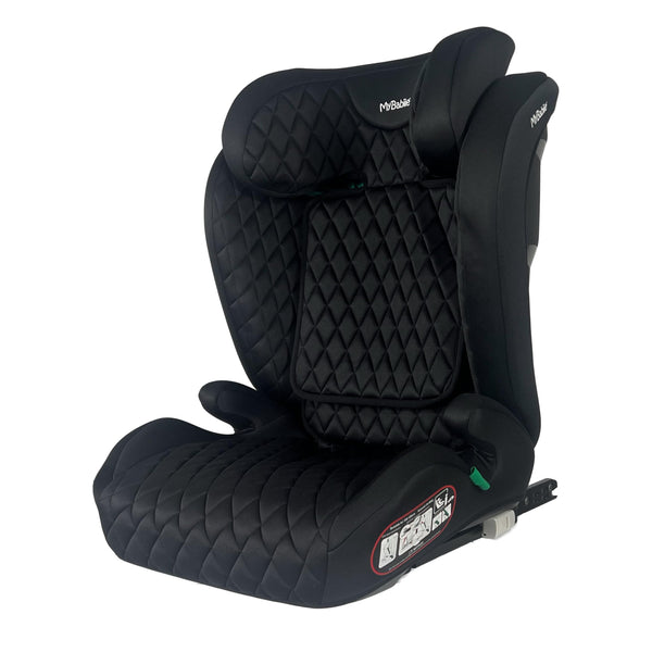 My Babiie Highback Booster Car Seat - ISOFIX, 100-150cm (Approx. 4-12 Years, Group 2/3), i-Size R129, Adjustable Child High Back Seat, Padded, 10 Position Headrest - Black Quilted