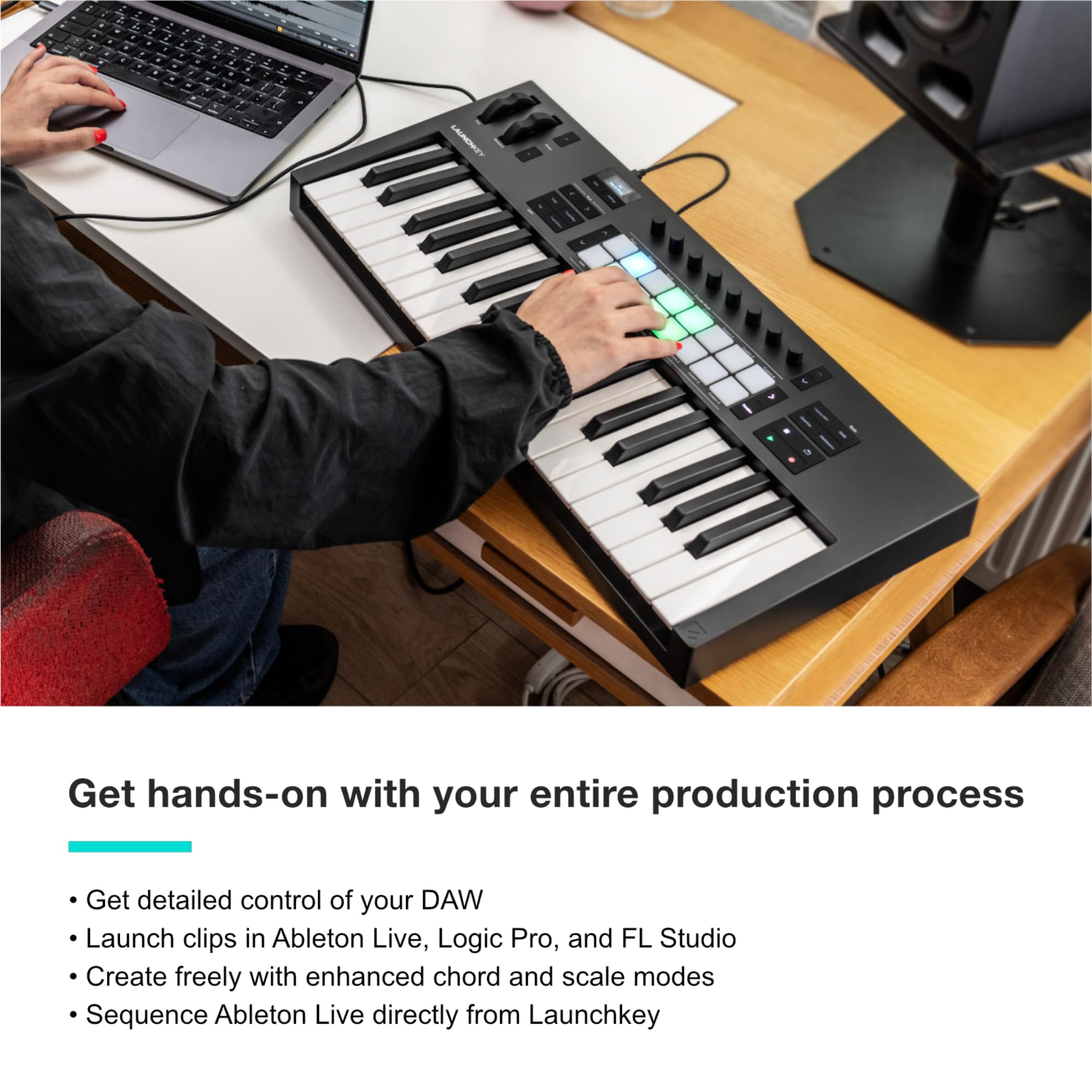 Novation Launchkey Mini 25 [MK4] — Portable 25 Mini-Key, USB, MIDI Keyboard Controller with DAW Integration. Chord Mode, Scale Mode, Drum Pads, and Arpeggiator. Includes Music Creation Software Bundle