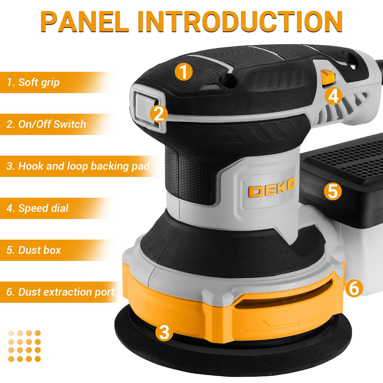 DEKOPRO Random Orbit Sander 300W with 16Pcs Sandpapers, 6 Variable Speed 14000RPM, 125MM Hand Electric Tool, High Performance Dust Collection System, Fit for Woodworking/Sanding