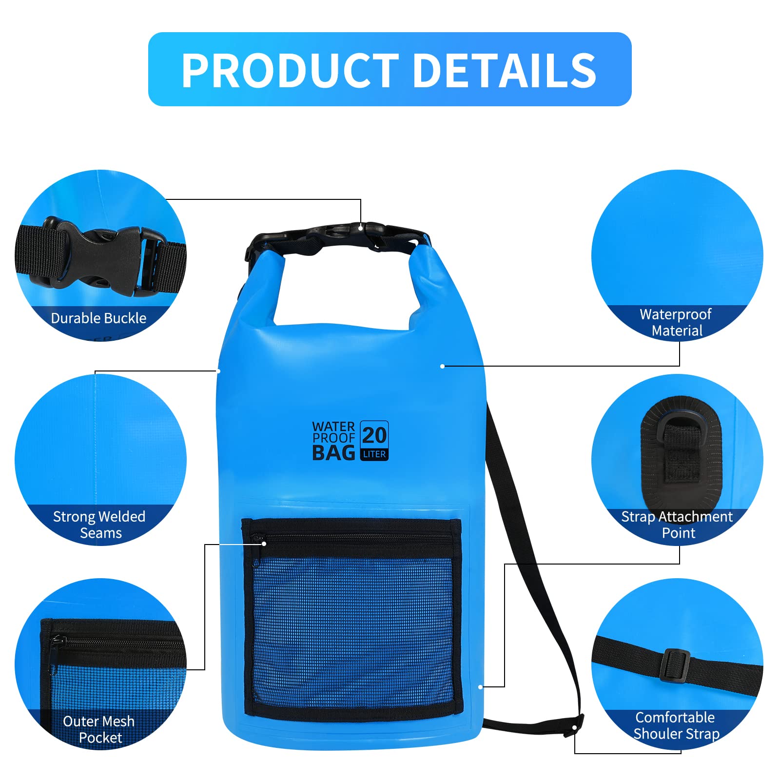 Bojury Waterproof Dry Bag Backpack 30L with Mesh Pocket Adjustable Strap - Roll Top Portable Dry Sack for Kayaking Boat Tour Canoe Swimming Snow Boarding-Blue Fishing Rafting