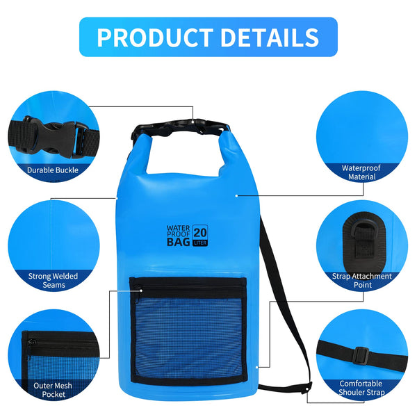 Bojury Waterproof Dry Bag Backpack 30L with Mesh Pocket Adjustable Strap - Roll Top Portable Dry Sack for Kayaking Boat Tour Canoe Swimming Snow Boarding-Blue Fishing Rafting