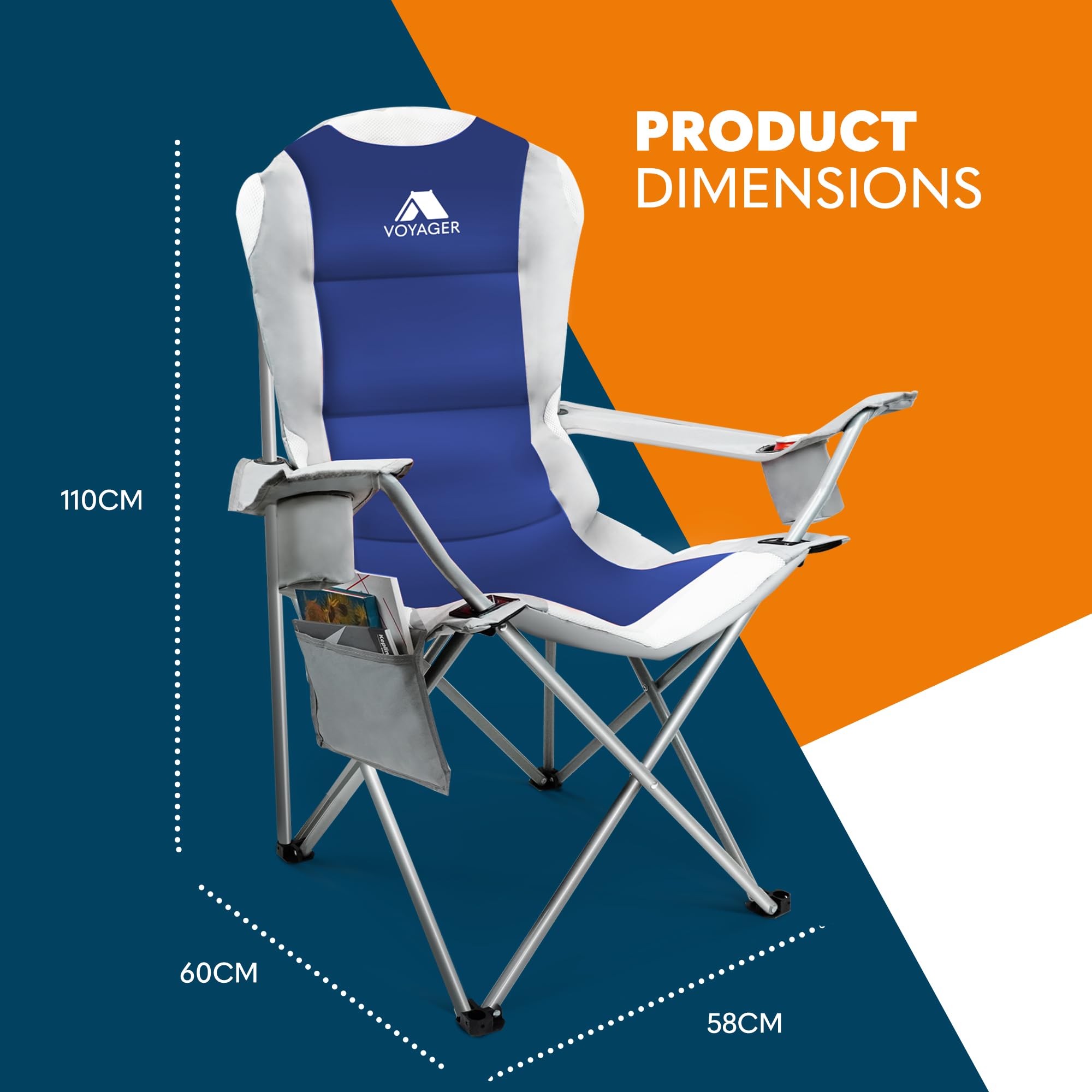 Voyager Folding Camping Chairs 2 Pack with Cooler Bag, Lightweight Q195 Steel Frame, 600D Oxford Fabric, Portable & Comfortable - Black (Black, Padded)