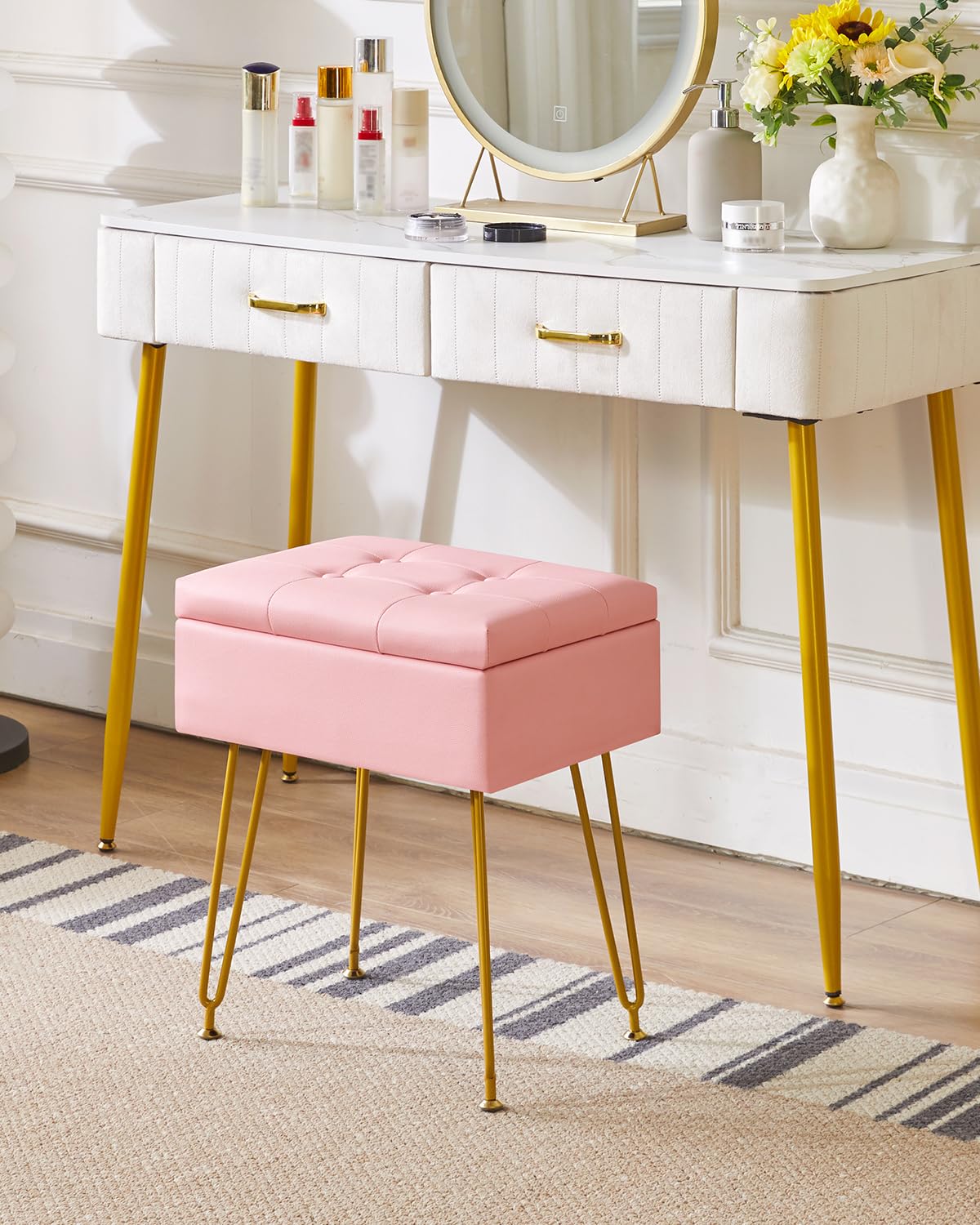 IBUYKE Multifunctional Storage Vanity Stool with Flip Tabletop, Adjustable Metal Legs & PU Leather - 40x30x48cm Ottoman Footrest for Makeup, Living