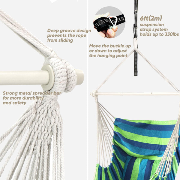 Chihee Hammock Chair Hanging Swing Max 500 Lbs 2 Cushions Included Steel Spreader Bar with Anti-Slip Grooves Portable Hanging Chair Side Pocket Large