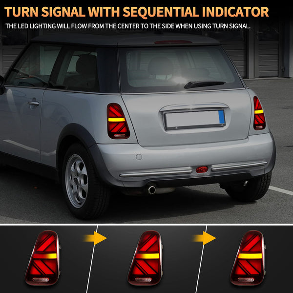 VLAND LED Rear Lights Compatible with Mini Cooper R50 R52 R53 2001-2006 1st Gen Hatch/Convertible, Union Jack Tail Lights w/Startup Dynamic Display & Sequential Indicator, 1 Set (Red)