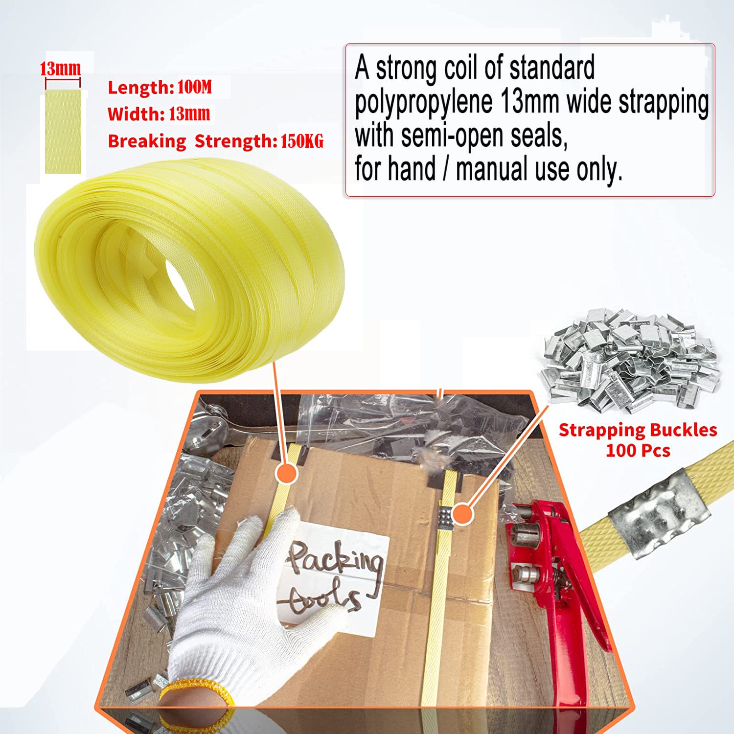 Complete Hand Pallet Packaging Strapping Kit with Tools, 200m PP Band, Metal Seals, and Edge Protectors for Secure Packing