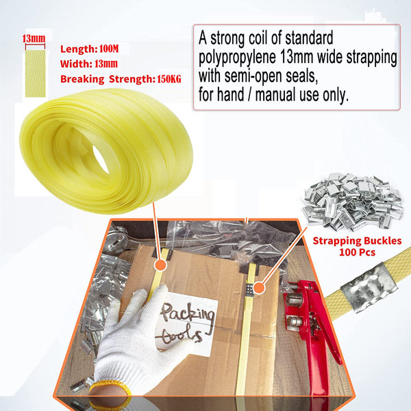 Complete Hand Pallet Packaging Strapping Kit with Tools, 200m PP Band, Metal Seals, and Edge Protectors for Secure Packing