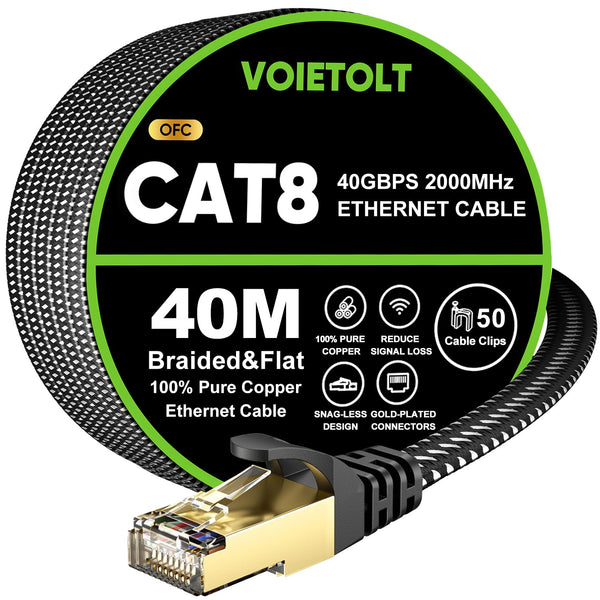 VOIETOLT Cat 8 Ethernet Cable 10M, High-Speed 40Gbps/2000Mhz Flat Braided Internet Cable, Gigabit STP RJ45 Network Cable Compatible for PS4/5, for Modem, PC/Laptop