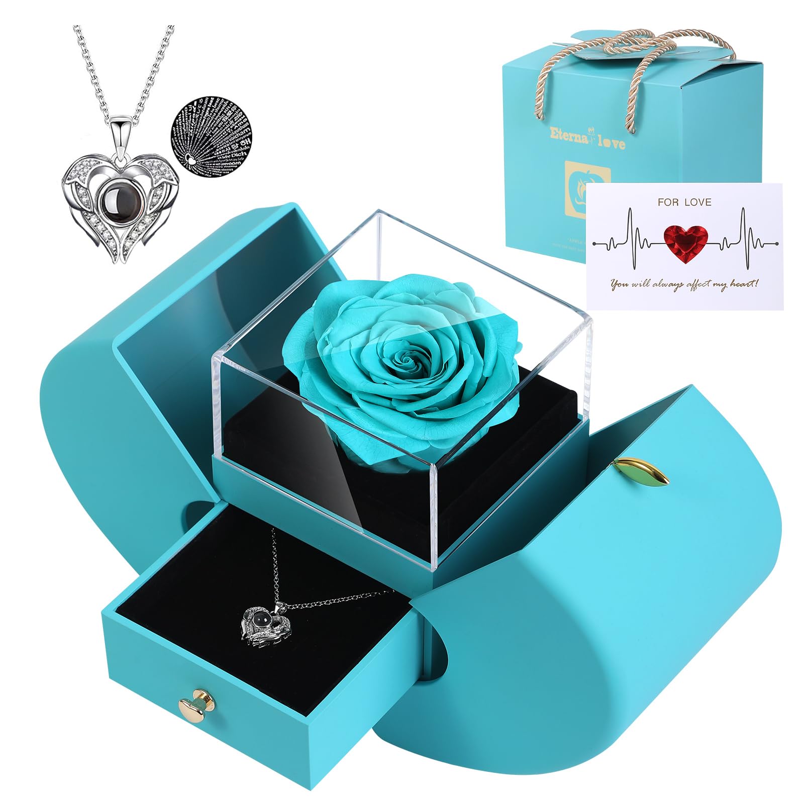 Firestyle Preserved Real Rose, Gift Box with I Love You Necklace, Handmade Eternal Flower Gifts for Her Woman Wife Girlfriend on Birthday,