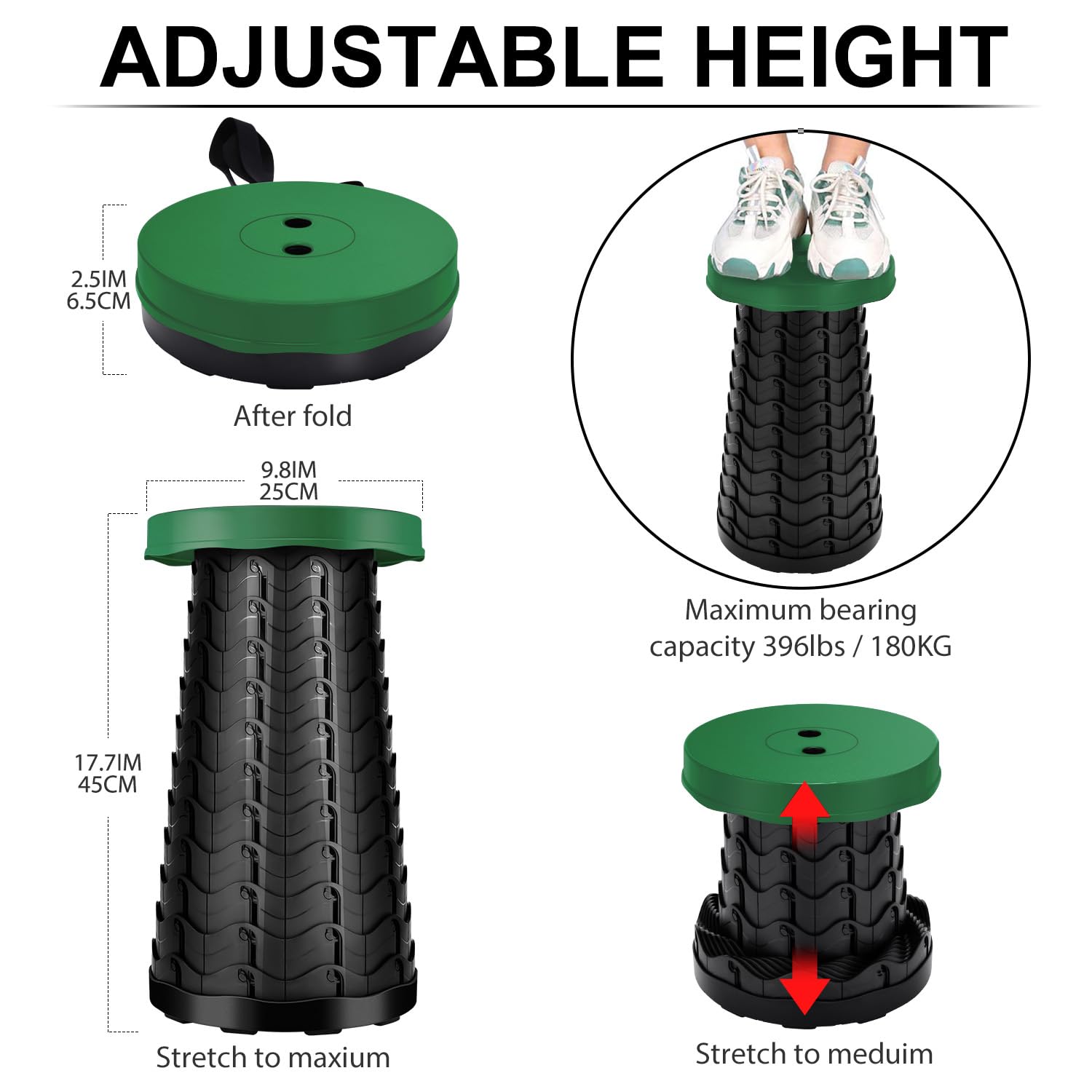 LUXJET Portable Folding Stool Lightweight Yet More Sturdy with Load Capacity 180KG, Retractable Plastic Foldable Collapsible Stool for Camping Fishing Hiking BBQ Outdoors Indoors Kitchen