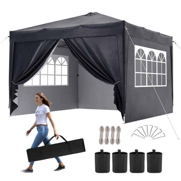 Aoxun 3m x 3m Pop Up Gazebo, Metal Frame Shelter Tent for Outdoor Garden Party, with 4 Sandbags & Carry Bag, Adjustable Height, Grey
