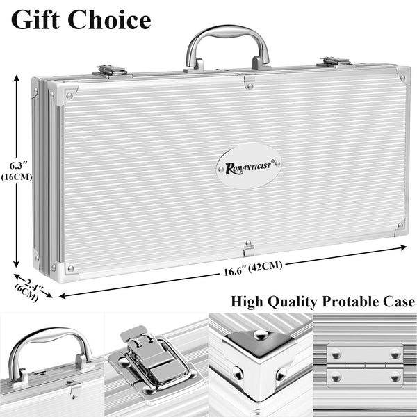 ROMANTICIST 26pcs Extra Thick Stainless Steel Grill Tool Set for Men, Heavy Duty Grilling Accessory Kit for Backyard, BBQ Utensils Gift Set with Meat Thermometer in Aluminum Case for Birthday Brown