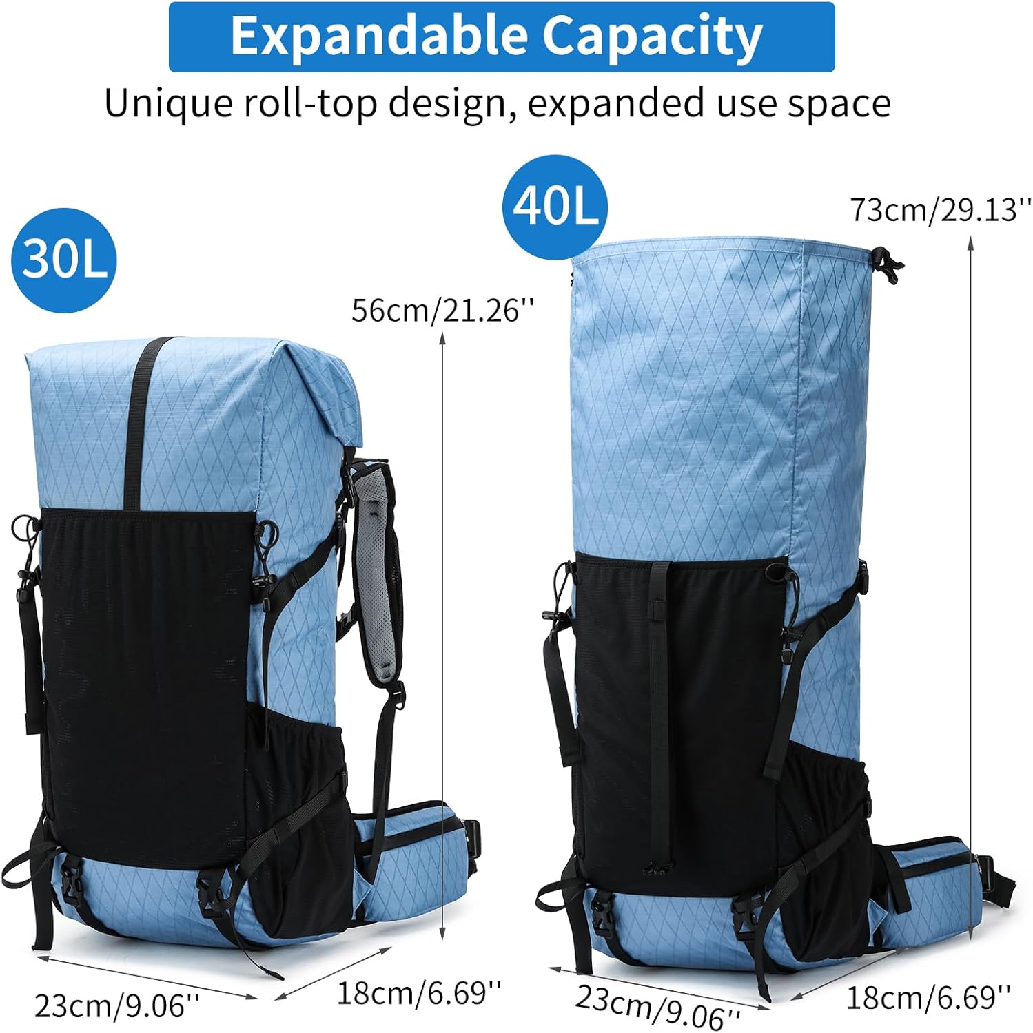 POWER KING 40L Expandable TO 50L Hiking Backpack,Upgraded X-PAC Scratch-proof Lightweight Large Rucksack for Mens Women, Outdoor Roll Top Camping Packsack, Fit for 15.6'' Laptop