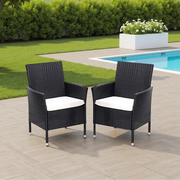 Warmiehomy Rattan Garden Chairs Outdoor Dining Chair Set of 2 Wicker Armchairs with Padded Seat Cushions High Backrest Patio Chair, Black