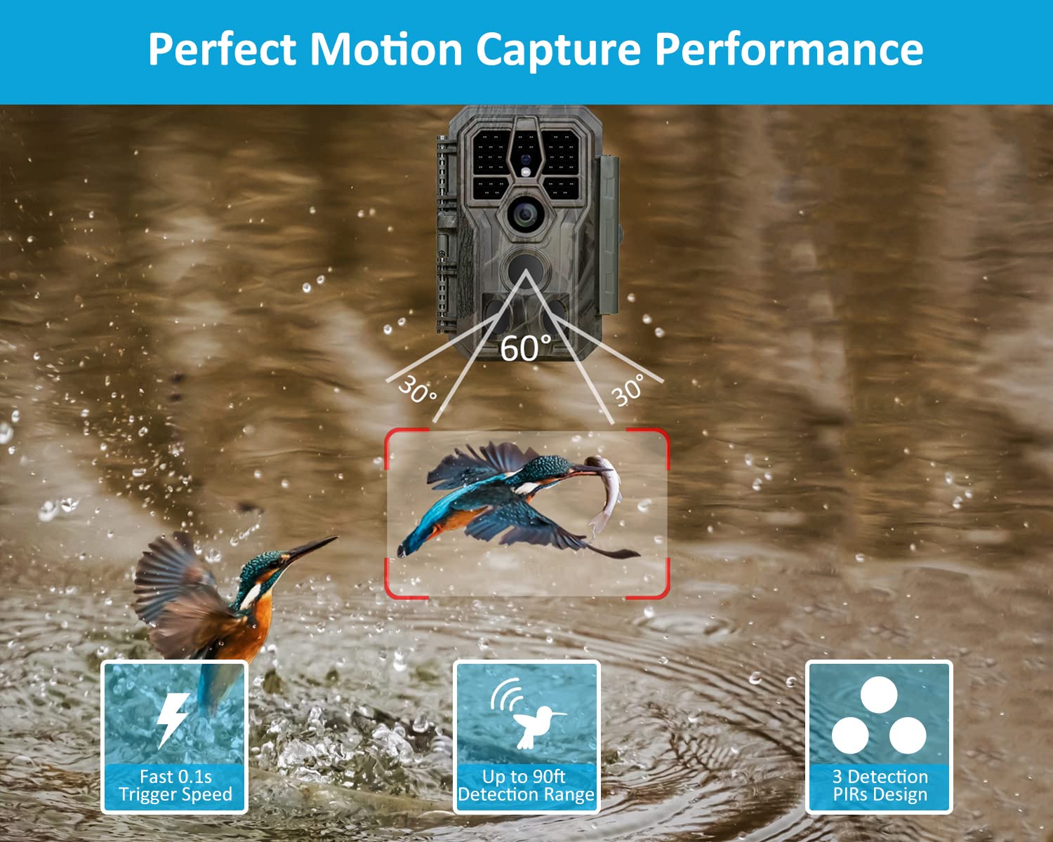 GardePro E5S Wildlife Camera, 64MP 1296p Trail Camera, H.264 Video, 100ft Night Vision, Ultra-fast 0.1s Motion Activated, Garden Camera Trap