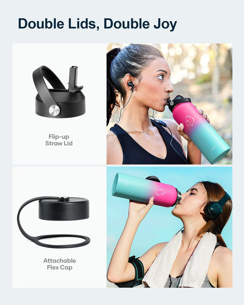 Stainless Steel Water Bottle 2L, BUZIO Vacuum Insulated Water Bottle with Straw Lid and Flex Cap Cold for 48 Hrs, Hot for 24 Hrs Double Wall Wide Mouth BPA Free Leak Proof, Black