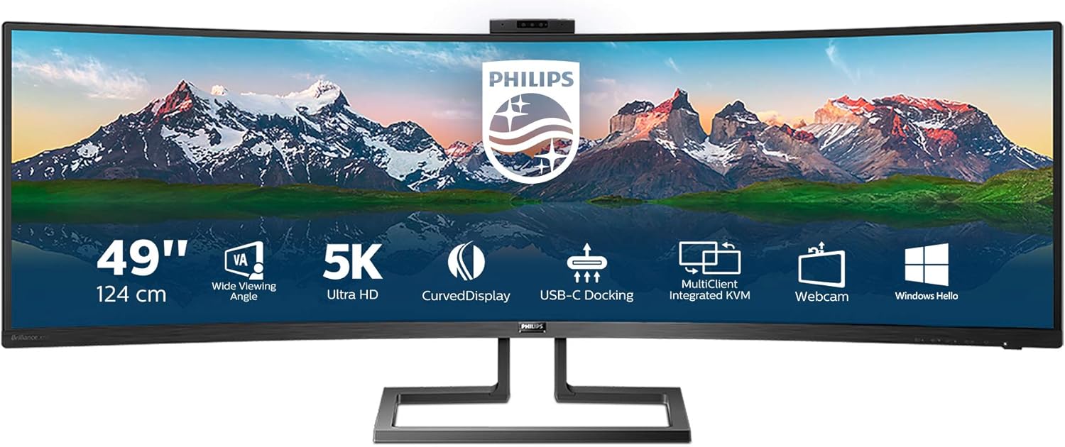 Philips 499P9H- 49 Inch Curved Dual QHD Monitor, 70Hz, 5ms, VA, WebCam, Speakers, USB-C Dock, KVM, Height Adjust (5120 x 1440, 450 cd/m², HDMI/DP 1.4/USB 3.1 / USB-C)