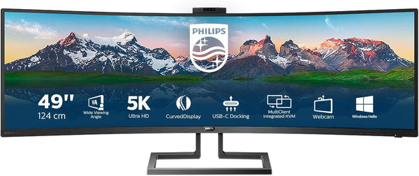 Philips 499P9H- 49 Inch Curved Dual QHD Monitor, 70Hz, 5ms, VA, WebCam, Speakers, USB-C Dock, KVM, Height Adjust (5120 x 1440, 450 cd/m², HDMI/DP 1.4/USB 3.1 / USB-C)
