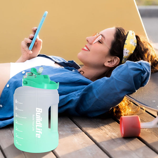 BuildLife Water Bottles with Straw & Flip Cap 2 in 1 Lid - Large Water Bottle with Time Markings BPA Free Leak Proof Wide Mouth Drinks Bottle,2.5 Litre Durable Sports Water Bottle (Black)